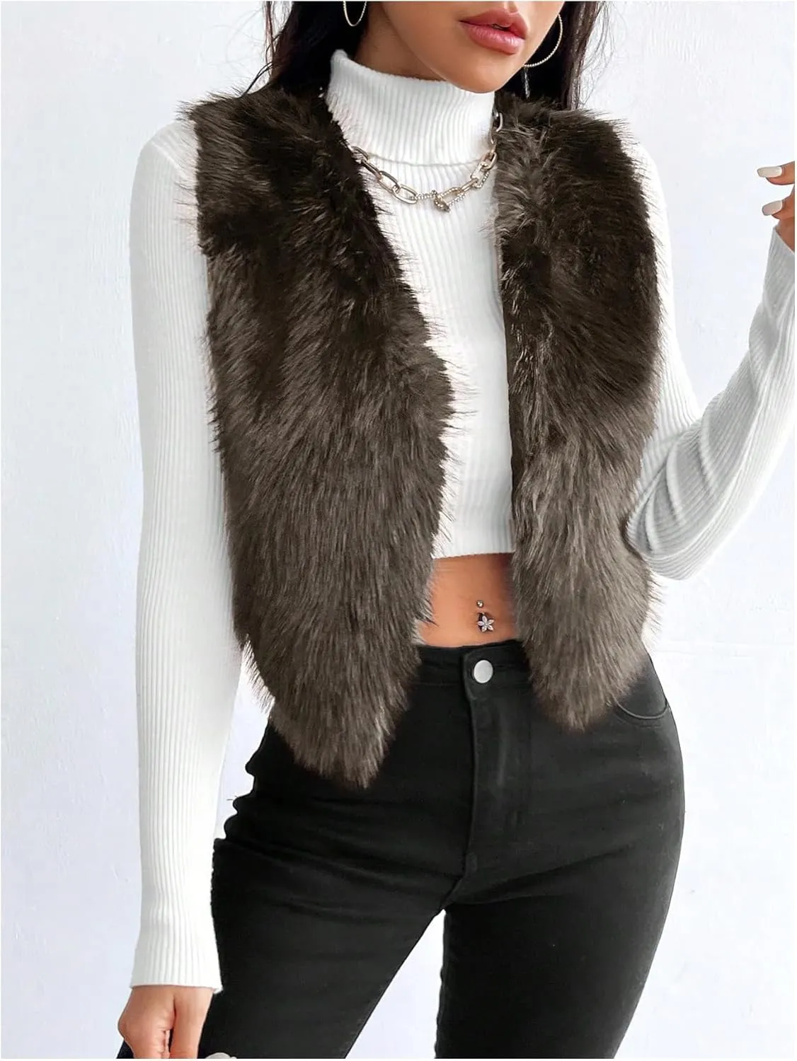 Verdusa Women's Fuzzy Faux Fur Vest Jacket Sleeveless Open Front Waistcoat Outerwear