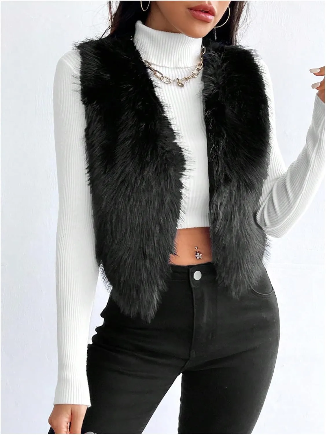 Verdusa Women's Fuzzy Faux Fur Vest Jacket Sleeveless Open Front Waistcoat Outerwear
