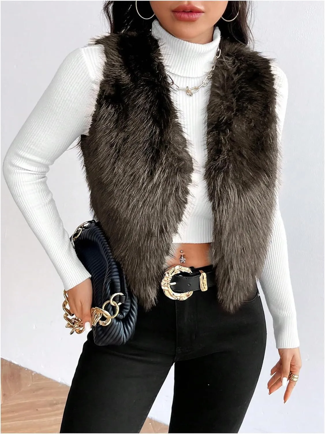 Verdusa Women's Fuzzy Faux Fur Vest Jacket Sleeveless Open Front Waistcoat Outerwear