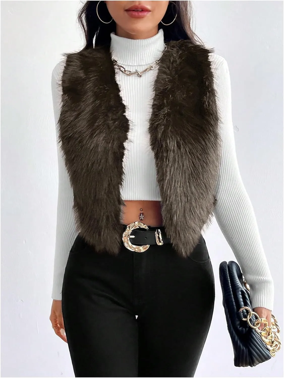 Verdusa Women's Fuzzy Faux Fur Vest Jacket Sleeveless Open Front Waistcoat Outerwear