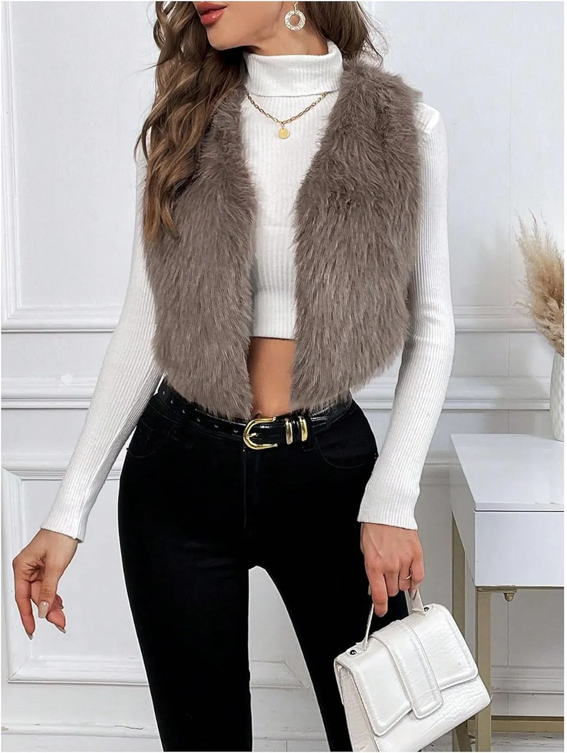Verdusa Women's Fuzzy Faux Fur Vest Jacket Sleeveless Open Front Waistcoat Outerwear