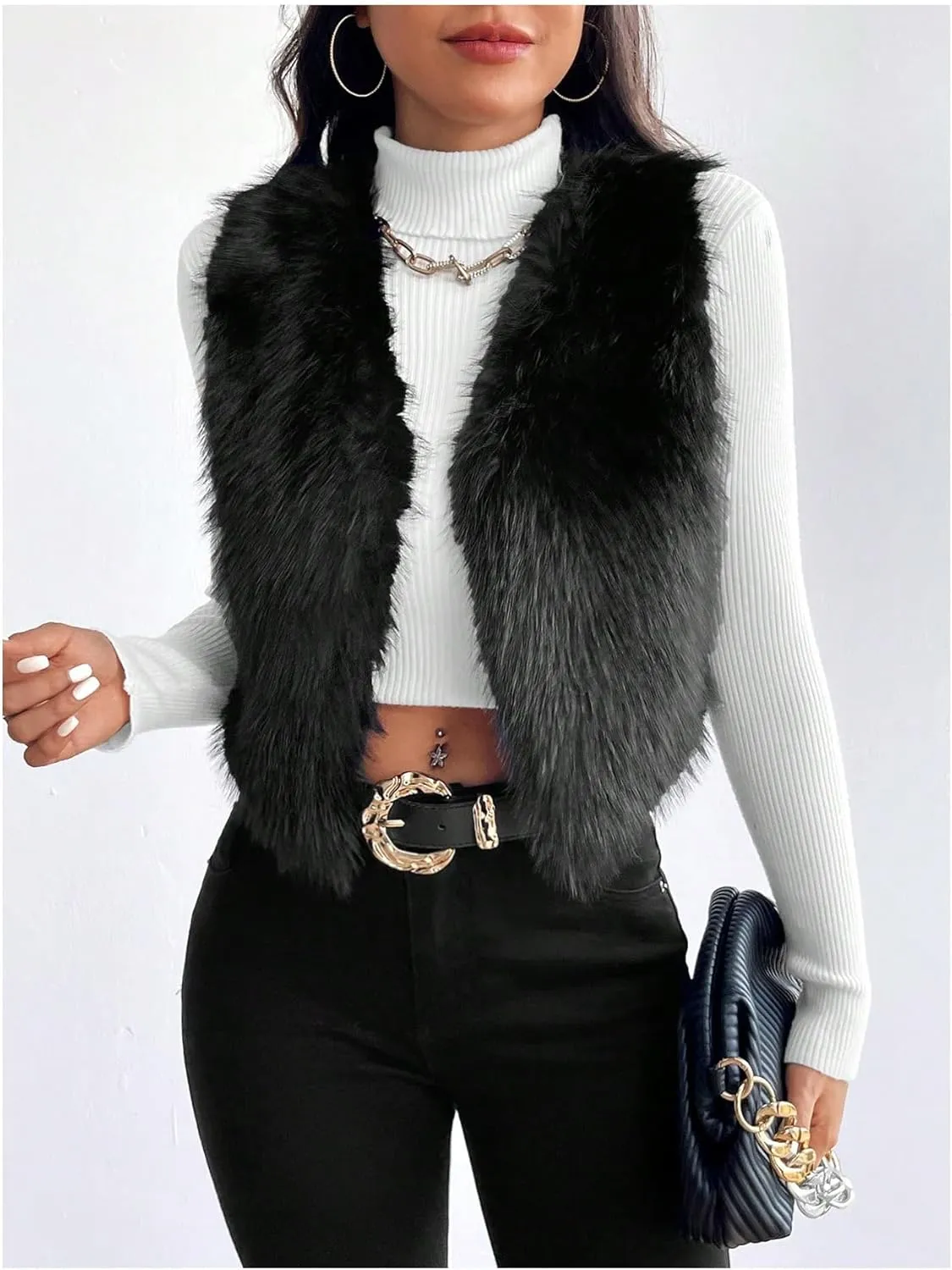 Verdusa Women's Fuzzy Faux Fur Vest Jacket Sleeveless Open Front Waistcoat Outerwear