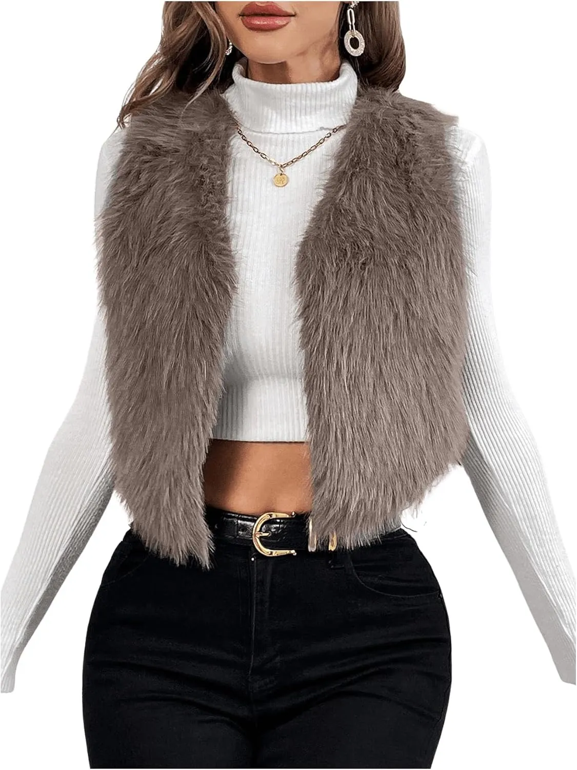 Verdusa Women's Fuzzy Faux Fur Vest Jacket Sleeveless Open Front Waistcoat Outerwear