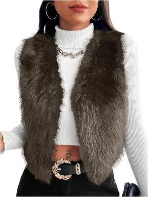 Verdusa Women's Fuzzy Faux Fur Vest Jacket Sleeveless Open Front Waistcoat Outerwear