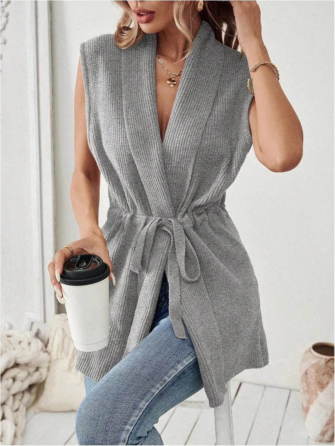Verdusa Women's Open Front Drawstring Waist Knit Cardigan Vest V Neck Sleeveless Outerwear