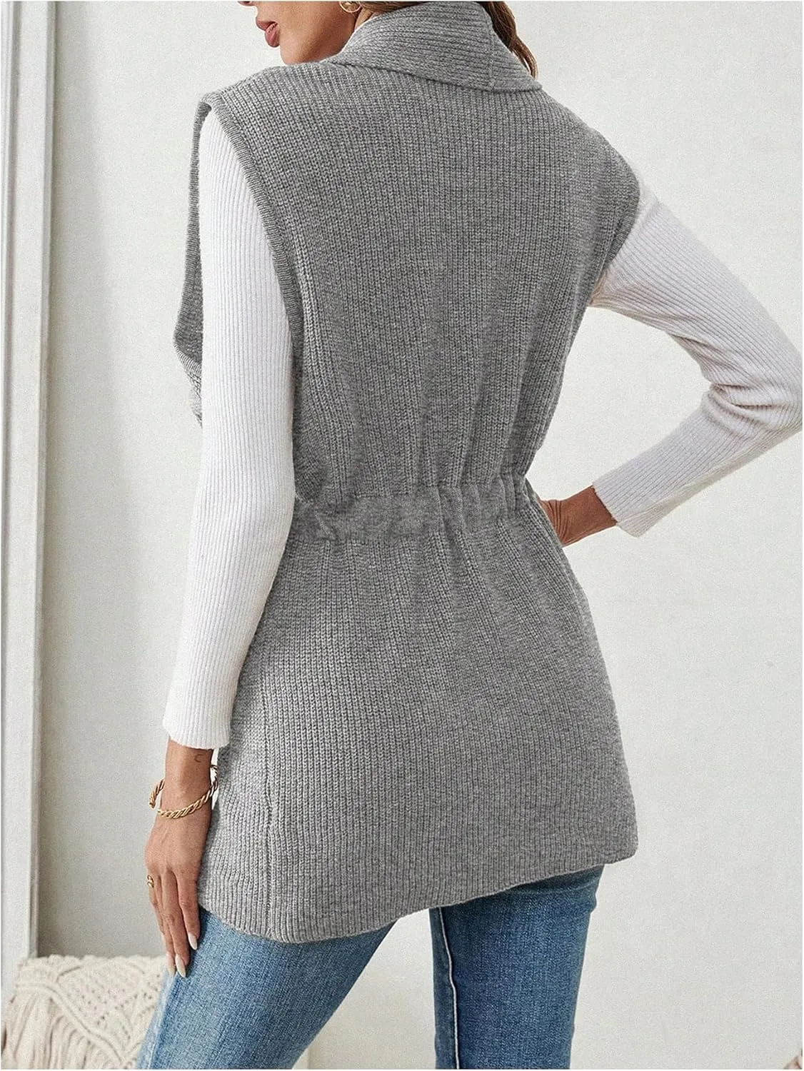 Verdusa Women's Open Front Drawstring Waist Knit Cardigan Vest V Neck Sleeveless Outerwear