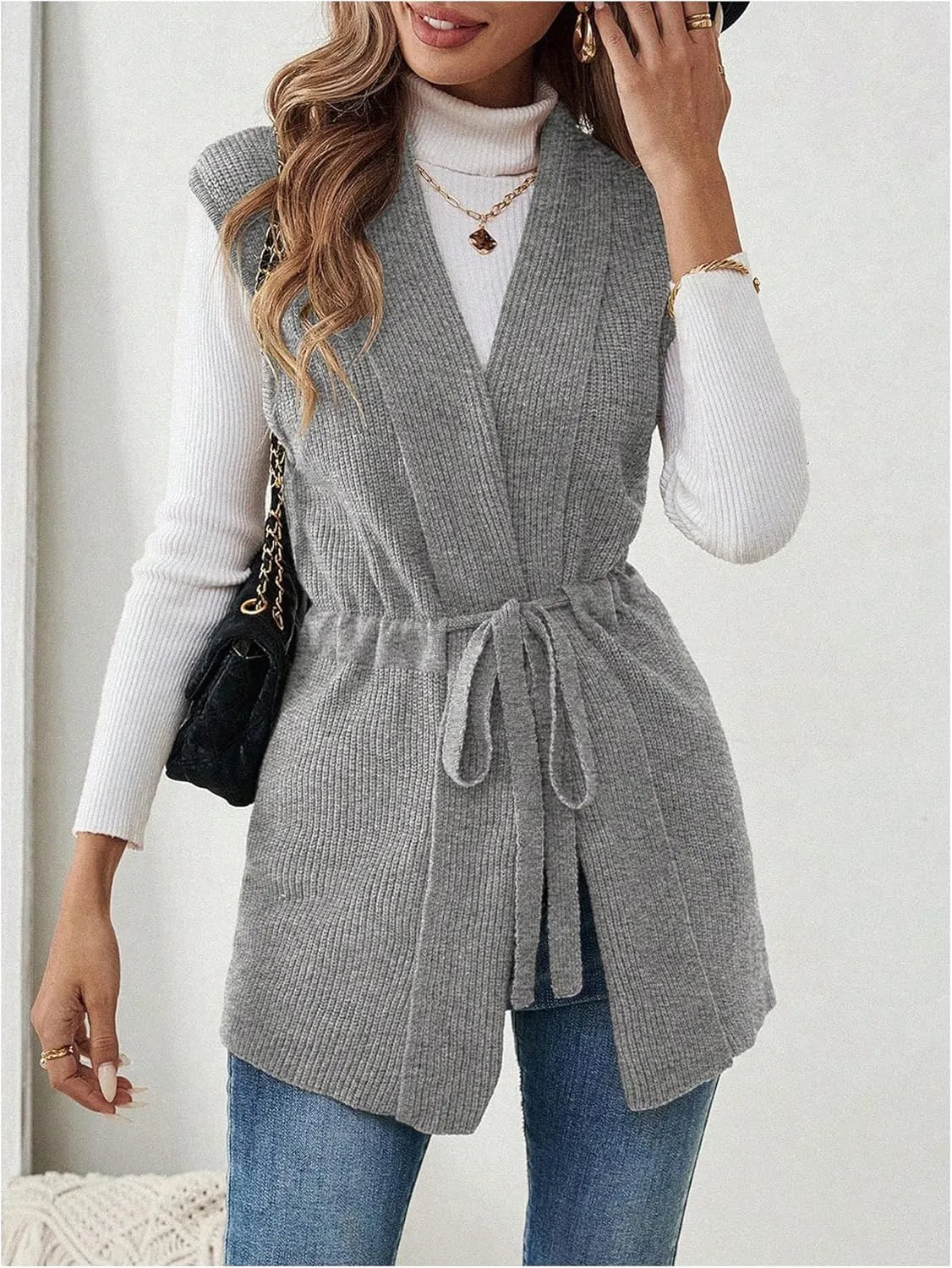 Verdusa Women's Open Front Drawstring Waist Knit Cardigan Vest V Neck Sleeveless Outerwear