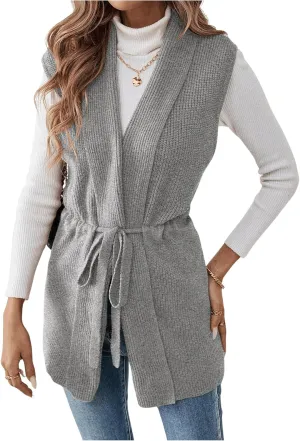 Verdusa Women's Open Front Drawstring Waist Knit Cardigan Vest V Neck Sleeveless Outerwear