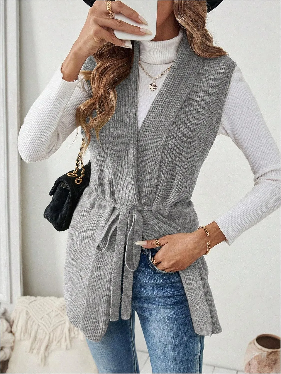 Verdusa Women's Open Front Drawstring Waist Knit Cardigan Vest V Neck Sleeveless Outerwear