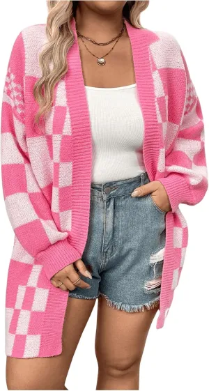 Verdusa Women's Plus Size Checkered Cardigan Open Front Plaid Drop Shoulder Long Sleeve Cardigan Sweaters