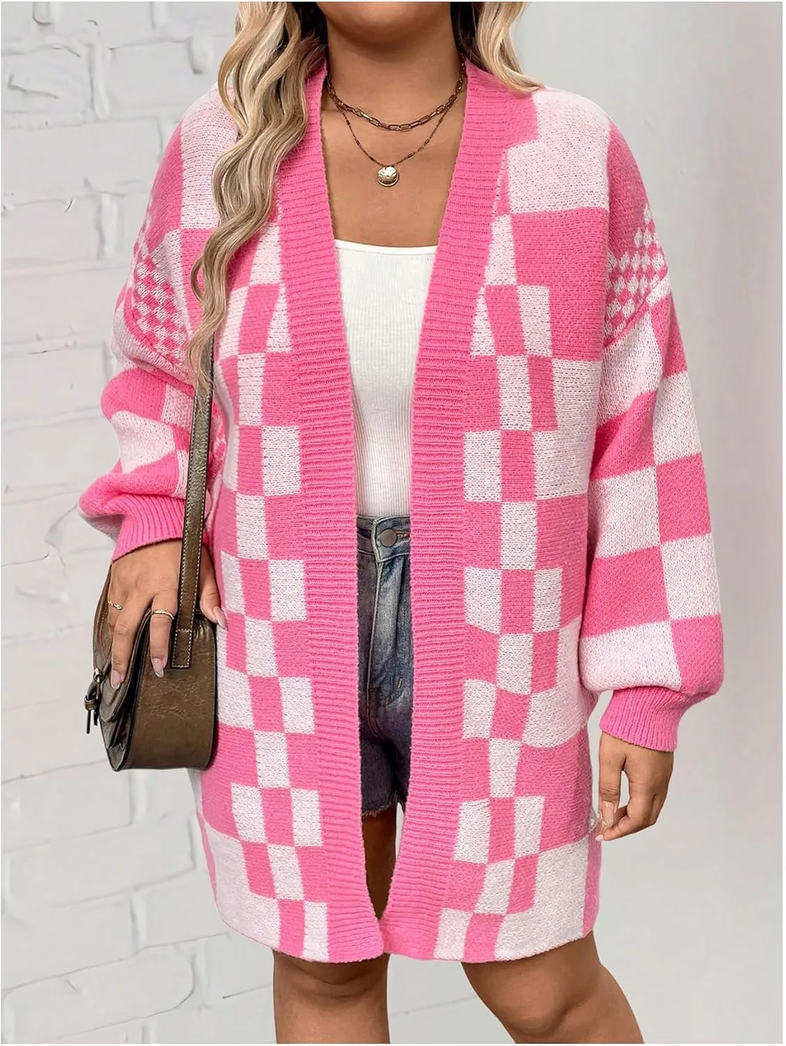 Verdusa Women's Plus Size Checkered Cardigan Open Front Plaid Drop Shoulder Long Sleeve Cardigan Sweaters