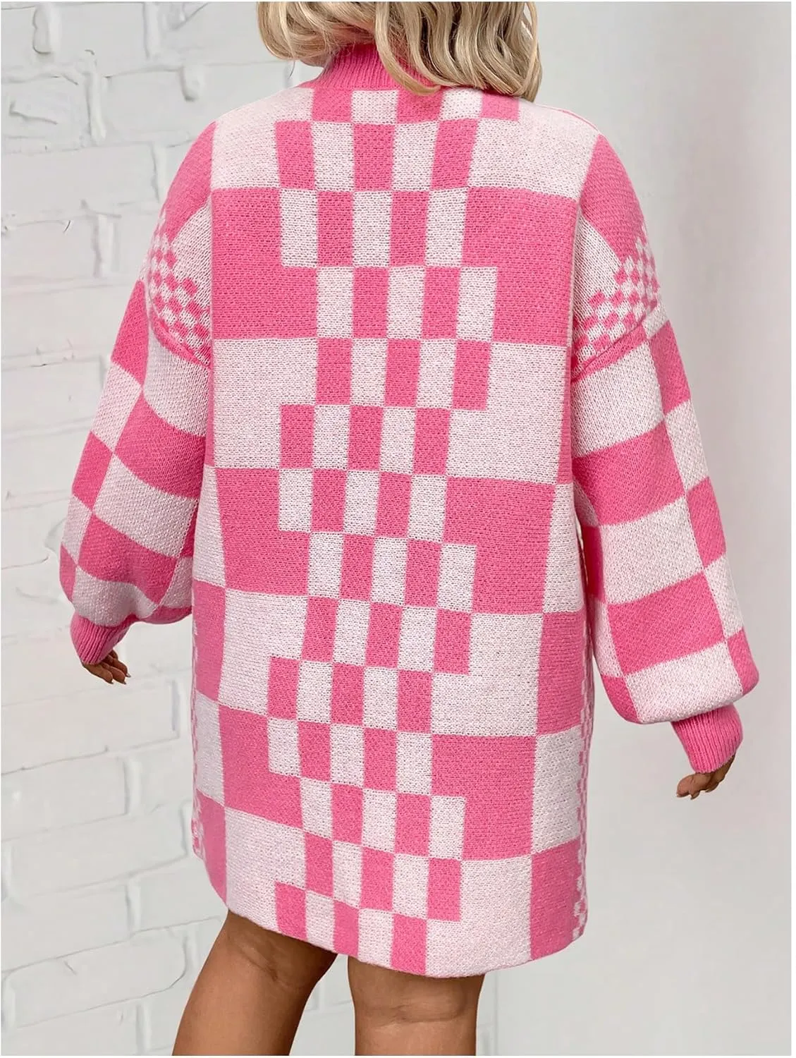 Verdusa Women's Plus Size Checkered Cardigan Open Front Plaid Drop Shoulder Long Sleeve Cardigan Sweaters