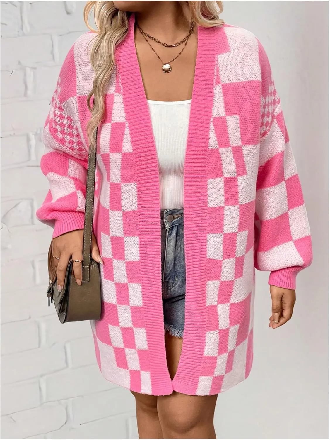 Verdusa Women's Plus Size Checkered Cardigan Open Front Plaid Drop Shoulder Long Sleeve Cardigan Sweaters