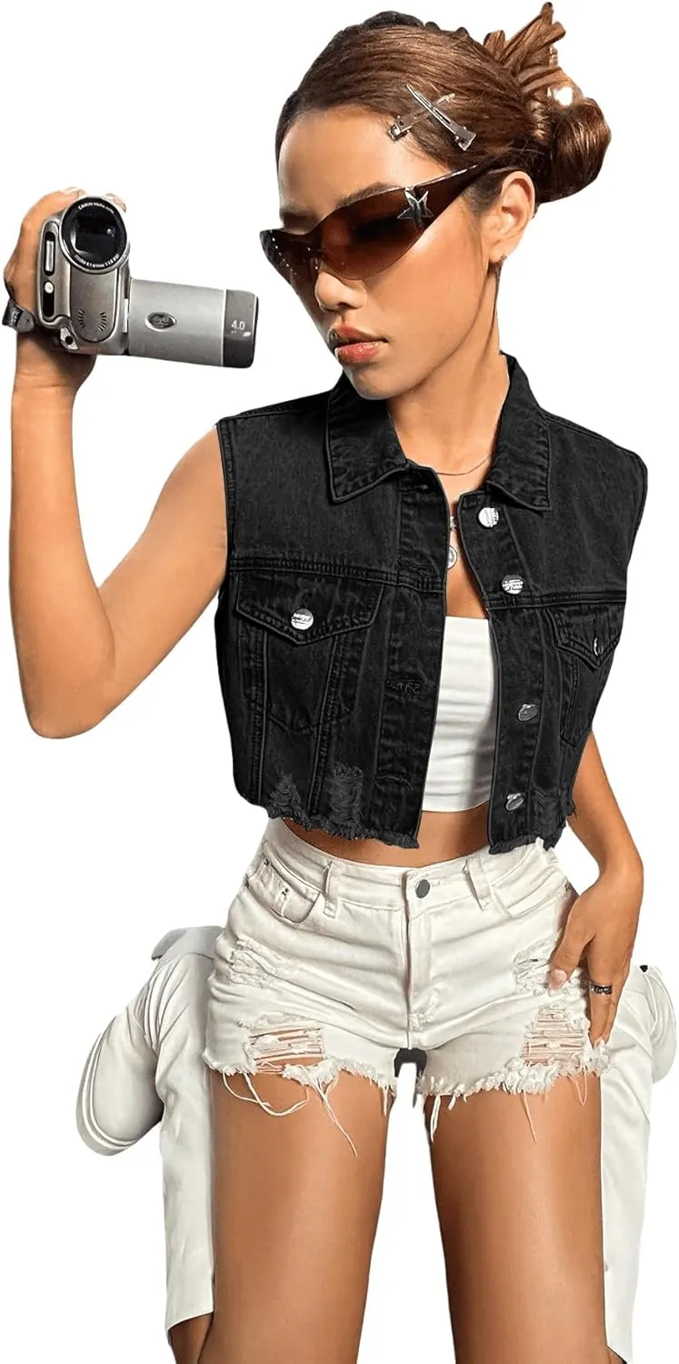Verdusa Women's Ripped Raw Hem Sleeveless Button Up Crop Denim Vest Jean Outerwear