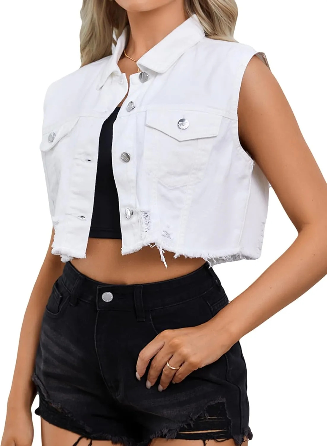 Verdusa Women's Ripped Raw Hem Sleeveless Button Up Crop Denim Vest Jean Outerwear