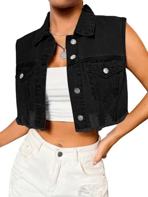 Verdusa Women's Ripped Raw Hem Sleeveless Button Up Crop Denim Vest Jean Outerwear