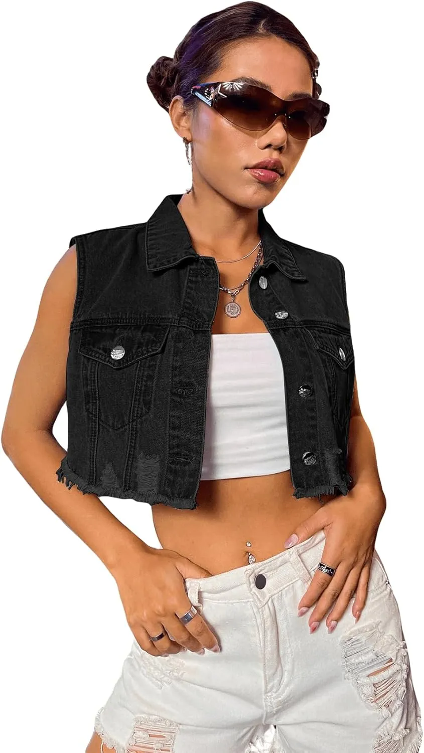Verdusa Women's Ripped Raw Hem Sleeveless Button Up Crop Denim Vest Jean Outerwear