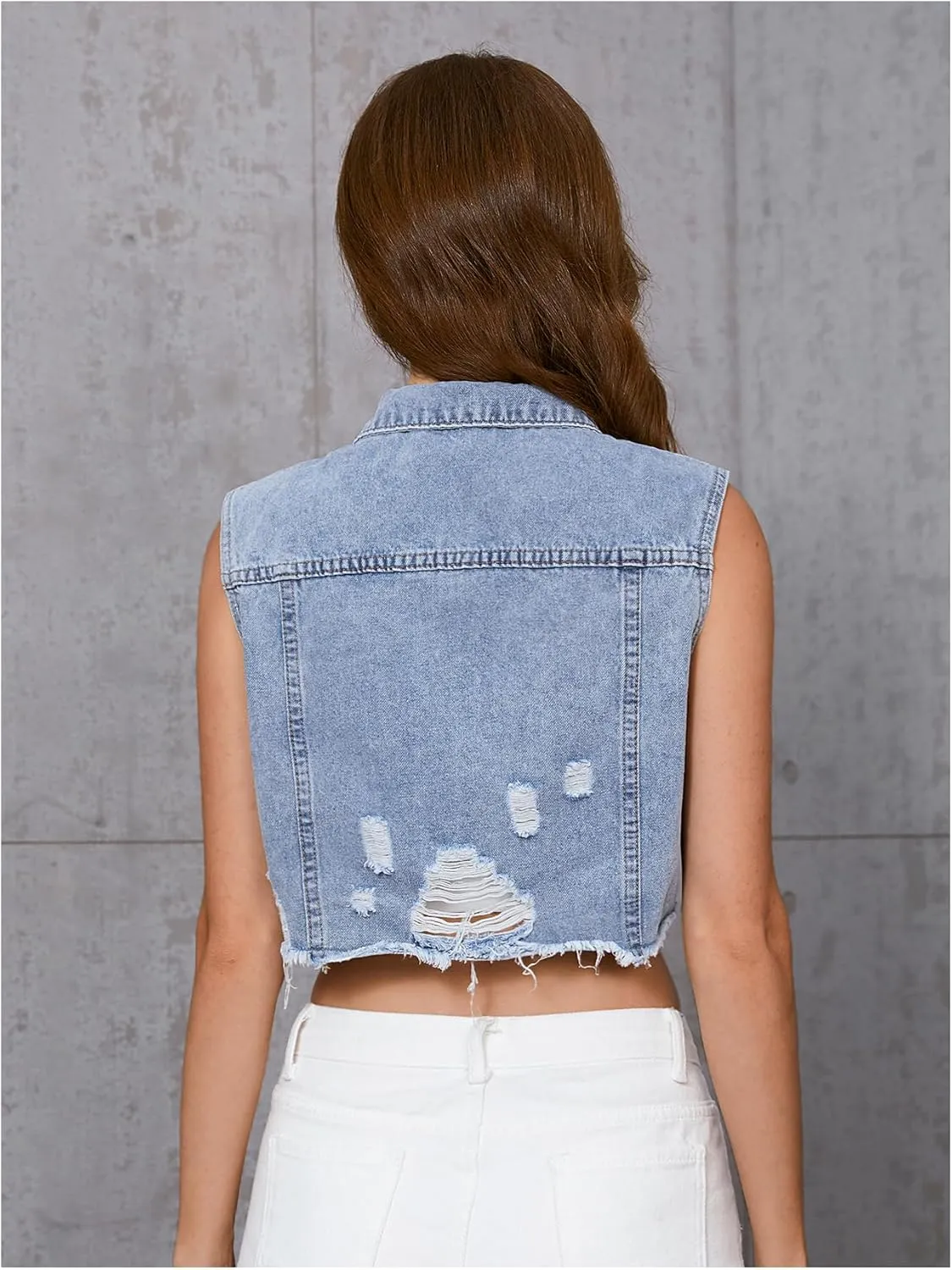 Verdusa Women's Ripped Raw Hem Sleeveless Button Up Crop Denim Vest Jean Outerwear