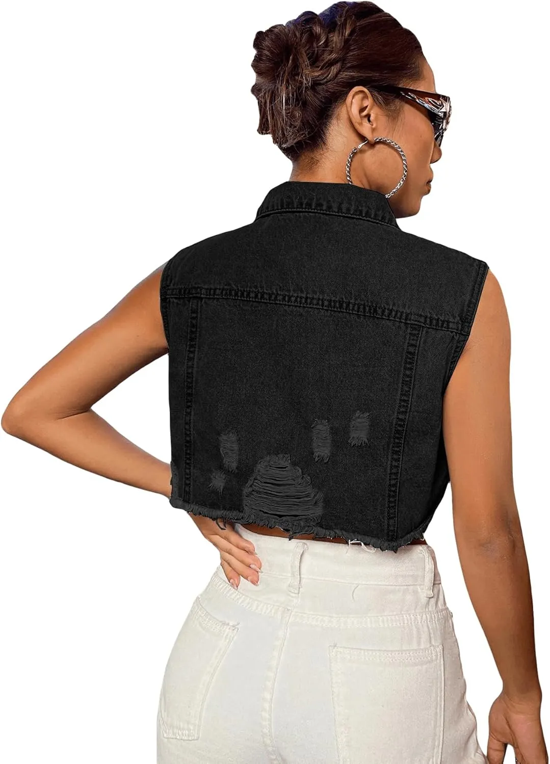 Verdusa Women's Ripped Raw Hem Sleeveless Button Up Crop Denim Vest Jean Outerwear