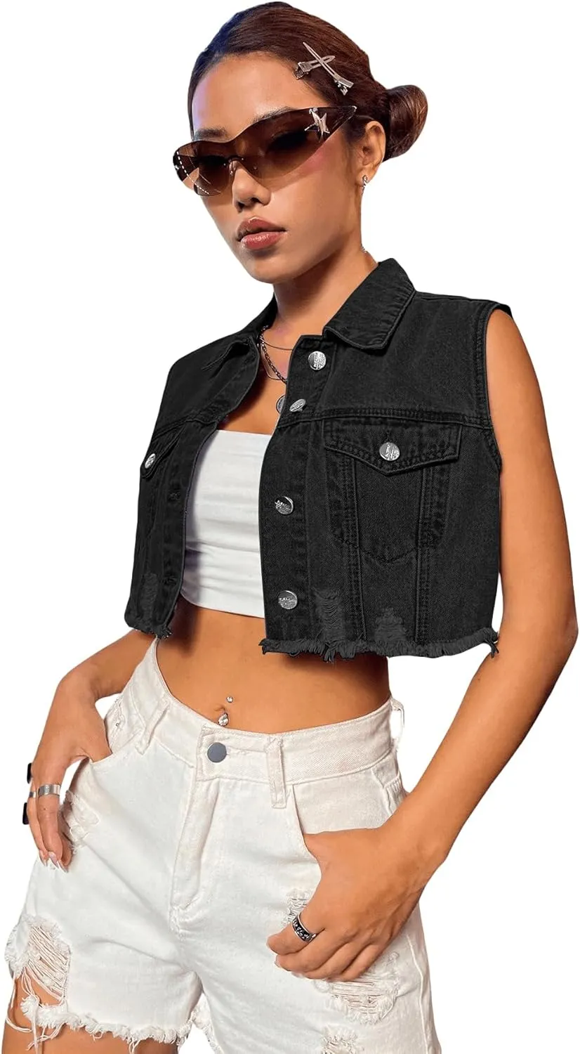 Verdusa Women's Ripped Raw Hem Sleeveless Button Up Crop Denim Vest Jean Outerwear