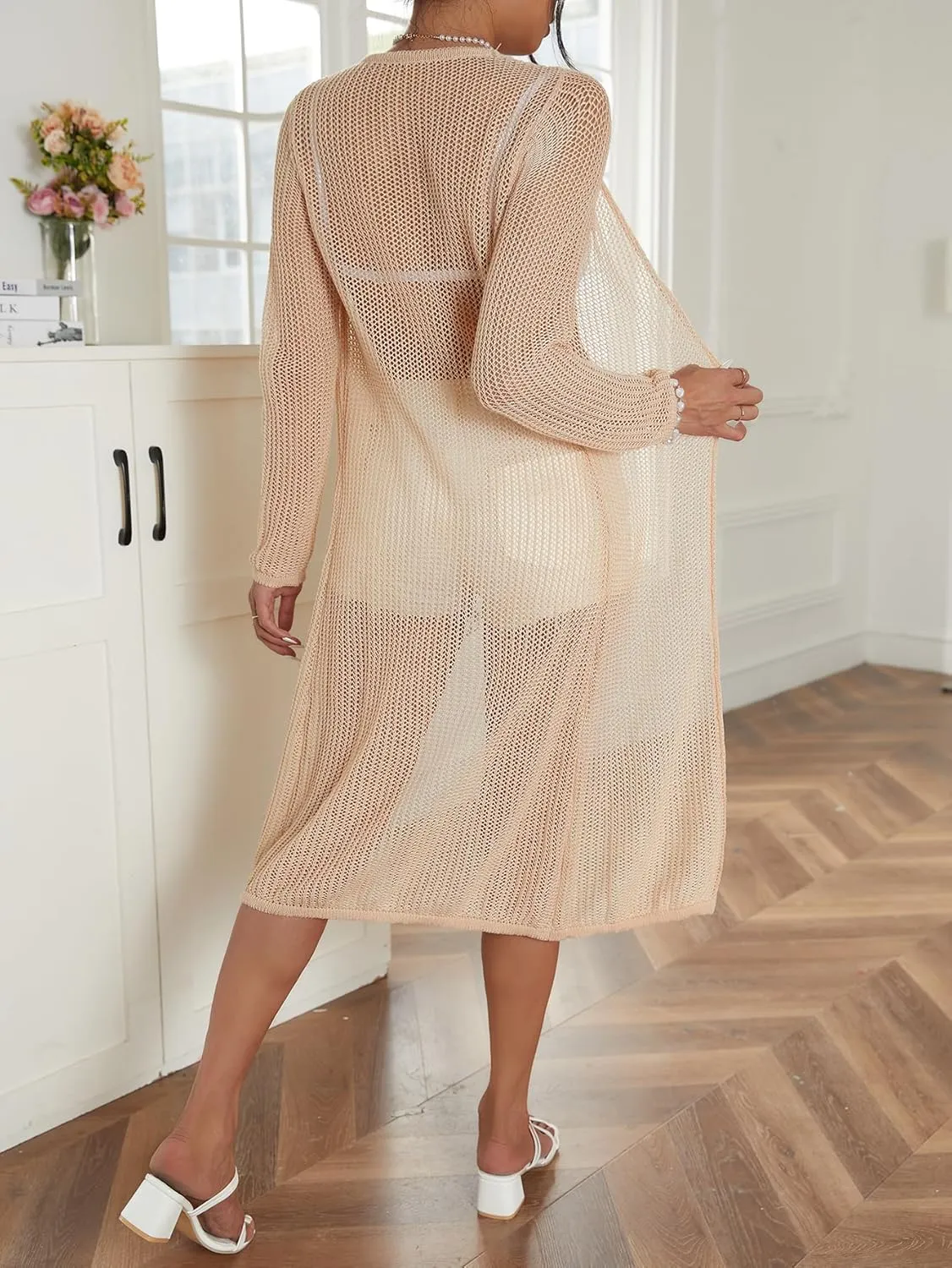 Verdusa Women's Sheer Self Tie Front Long Sleeve Lightweight Knit Cardigan Long Outerwear