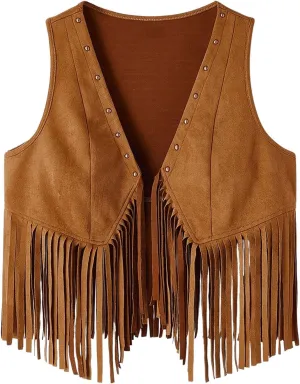 Verdusa Women's Sleeveless Faux Suede Fringe Vest Jacket Western Tassel Cardigan