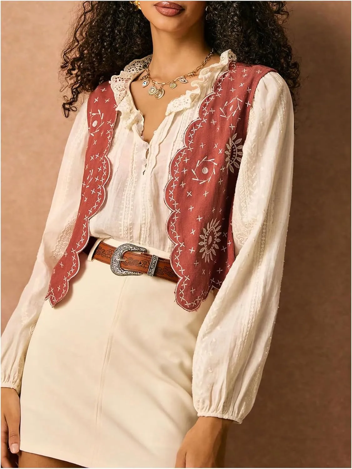 Verdusa Women's Western Boho Floral Embroidery Vest Open Front Sleeveless Jacket Outerwear