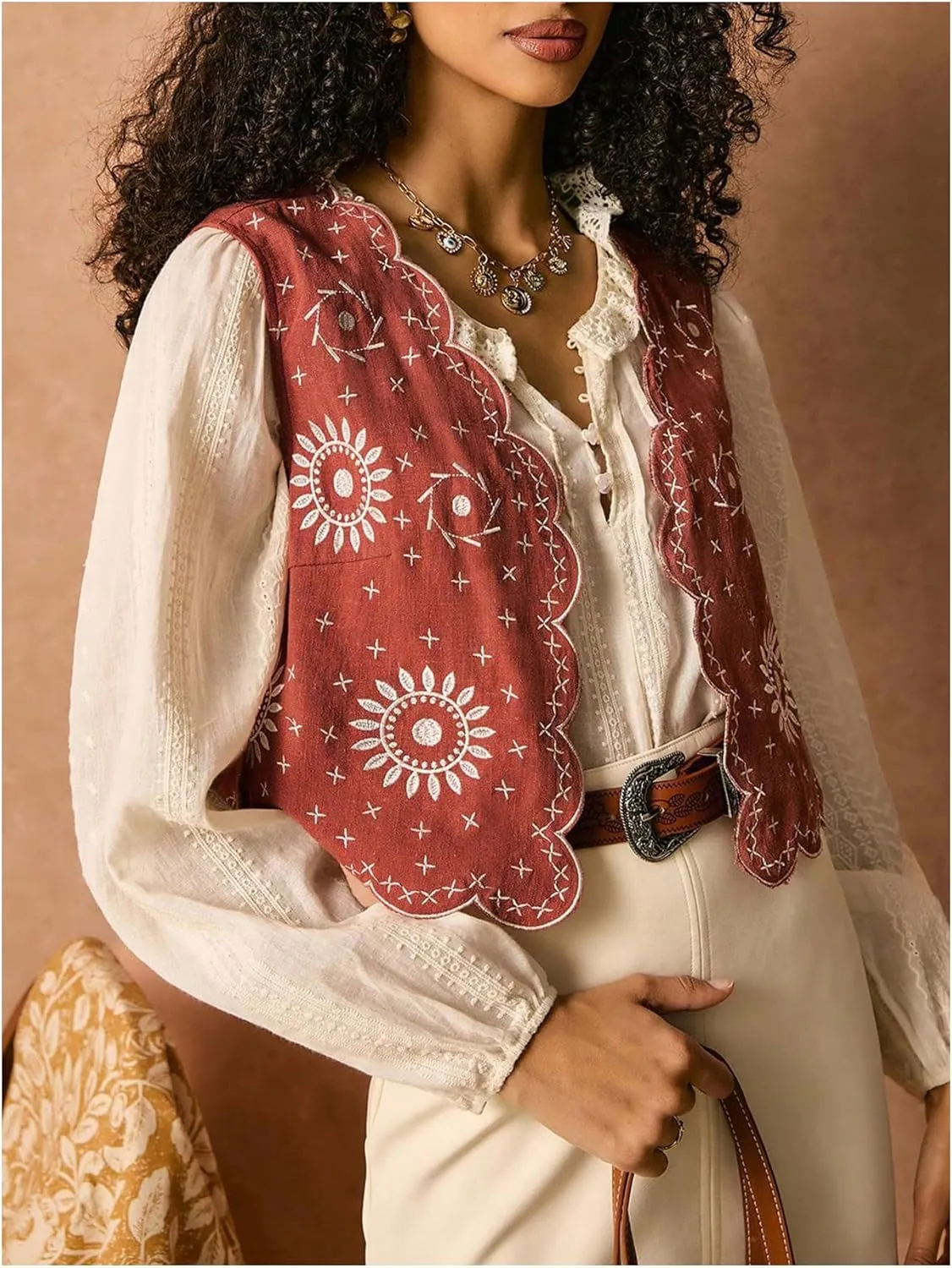 Verdusa Women's Western Boho Floral Embroidery Vest Open Front Sleeveless Jacket Outerwear