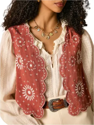 Verdusa Women's Western Boho Floral Embroidery Vest Open Front Sleeveless Jacket Outerwear