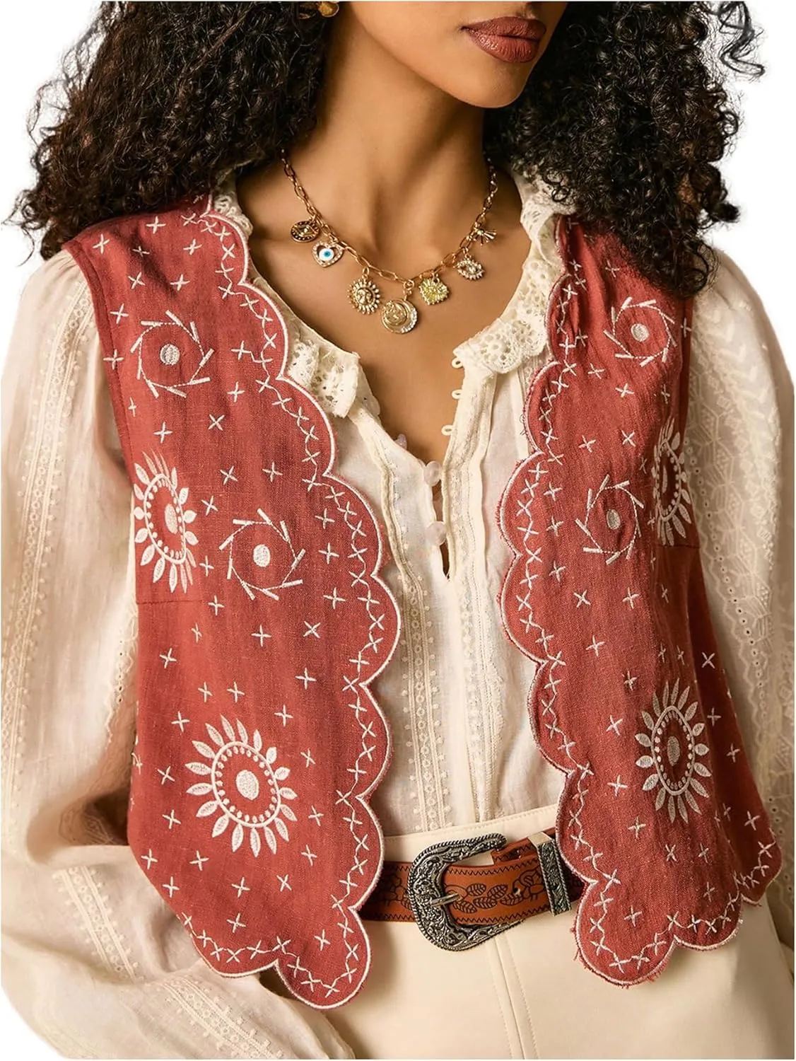 Verdusa Women's Western Boho Floral Embroidery Vest Open Front Sleeveless Jacket Outerwear