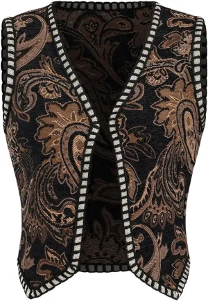 Verdusa Women's Western Boho Open Front V Neck Sleeveless Jacquard Tops Cow Girl Boho Vest Jacket