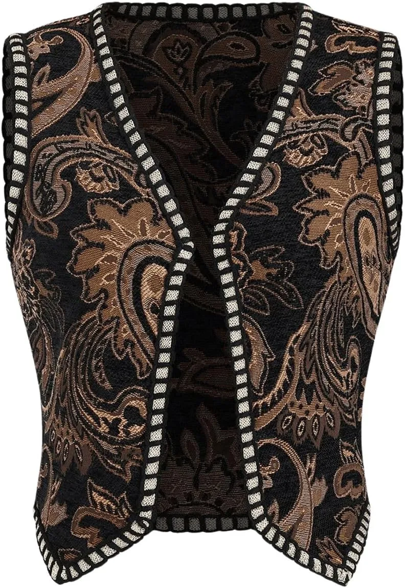 Verdusa Women's Western Boho Open Front V Neck Sleeveless Jacquard Tops Cow Girl Boho Vest Jacket