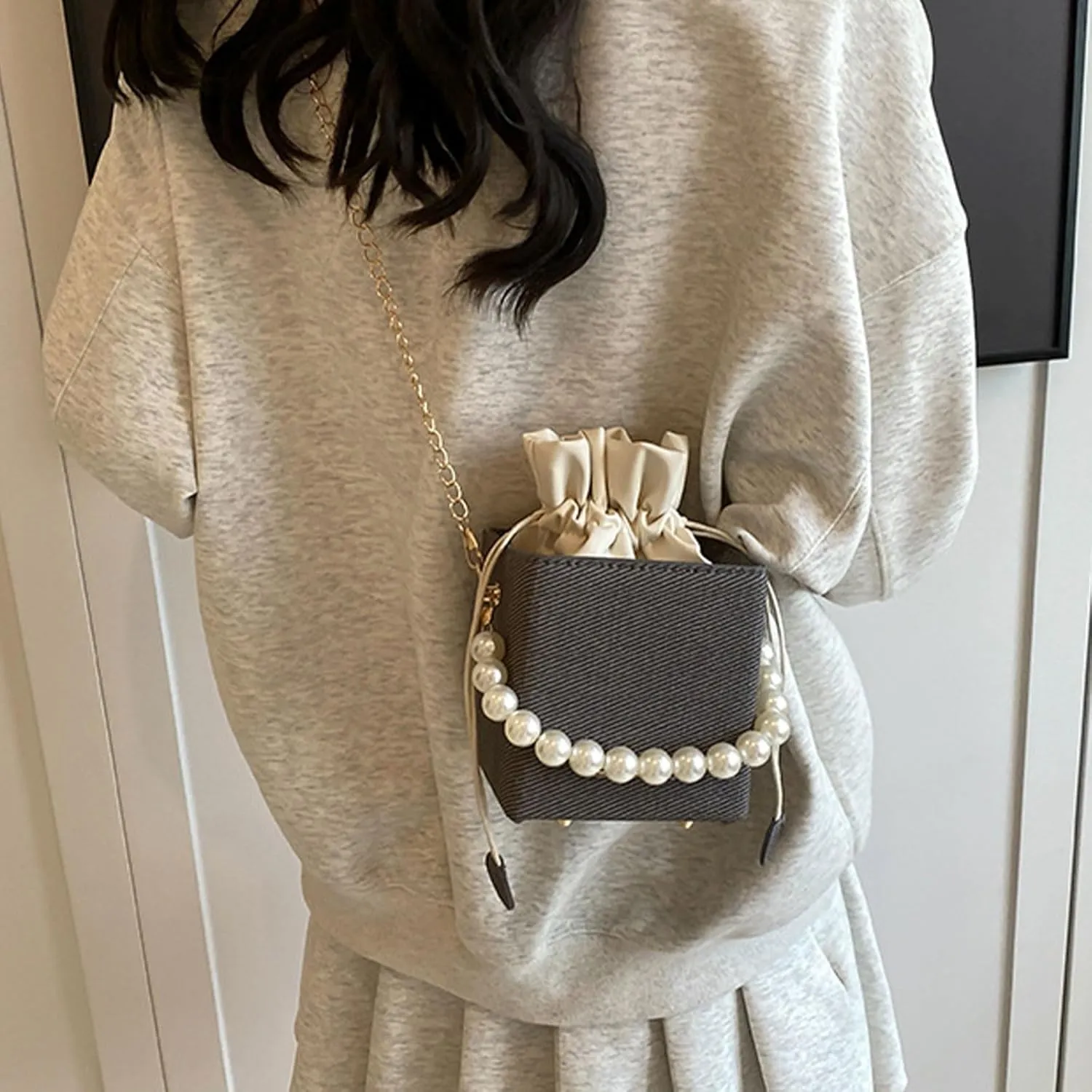 Versatile Bucket Bag for Women Shoulder Bags with Detachable Chain Strap Evening Purse Top Handle Bag Handbag