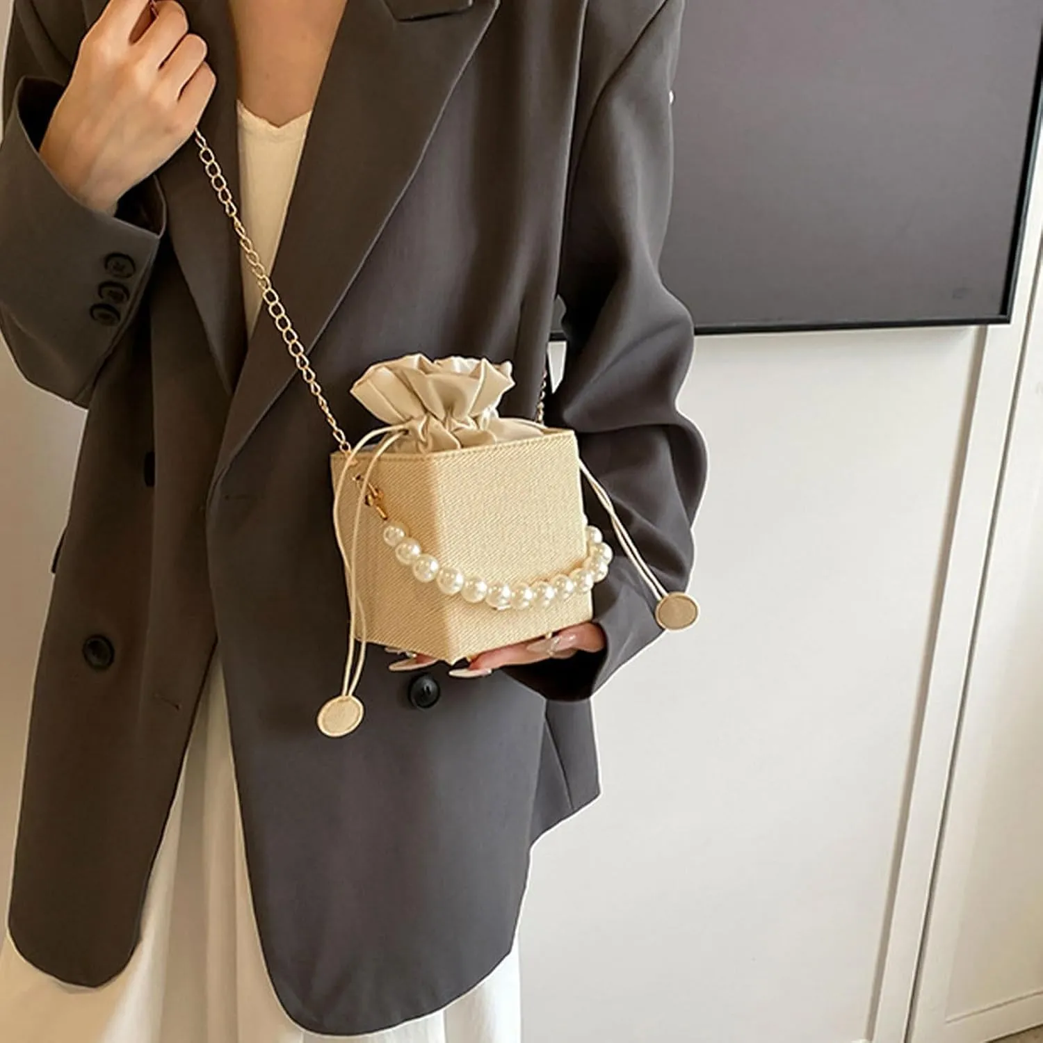 Versatile Bucket Bag for Women Shoulder Bags with Detachable Chain Strap Evening Purse Top Handle Bag Handbag