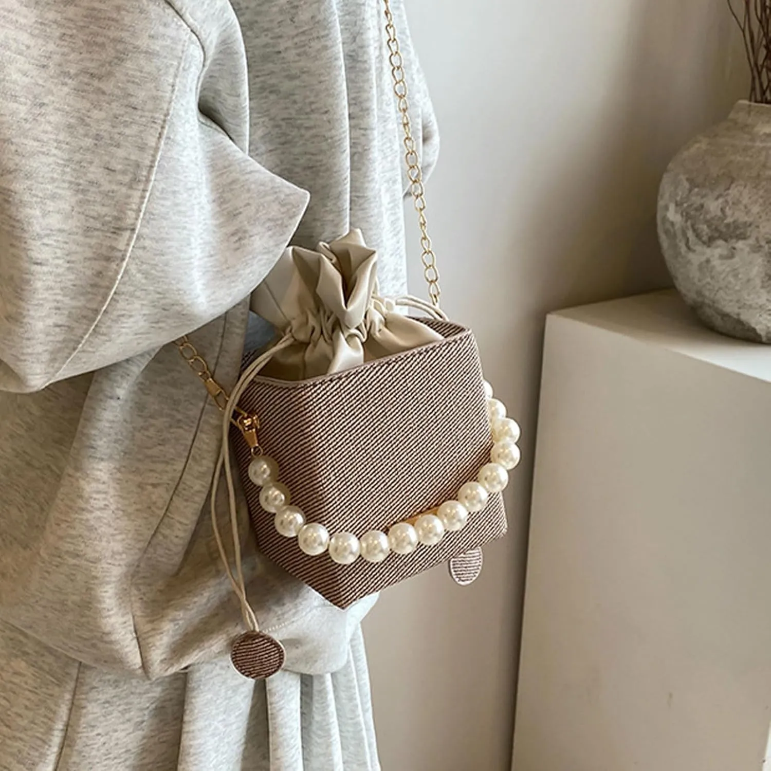 Versatile Bucket Bag for Women Shoulder Bags with Detachable Chain Strap Evening Purse Top Handle Bag Handbag