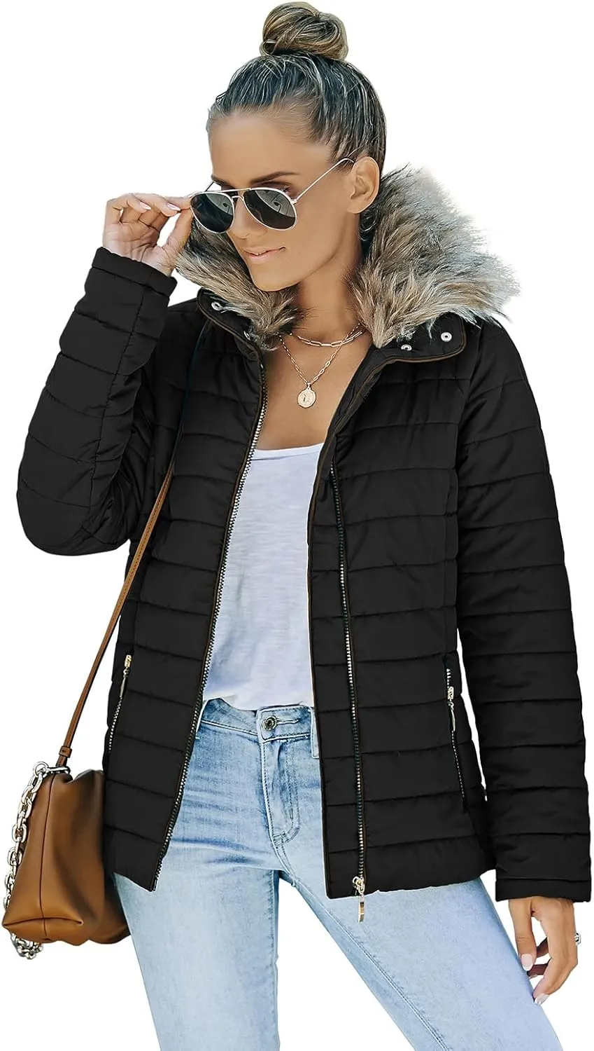 Vetinee Women Casual Faux Fur Lapel Zip Pockets Quilted Parka Jacket Puffer Coat