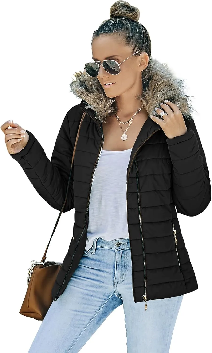 Vetinee Women Casual Faux Fur Lapel Zip Pockets Quilted Parka Jacket Puffer Coat