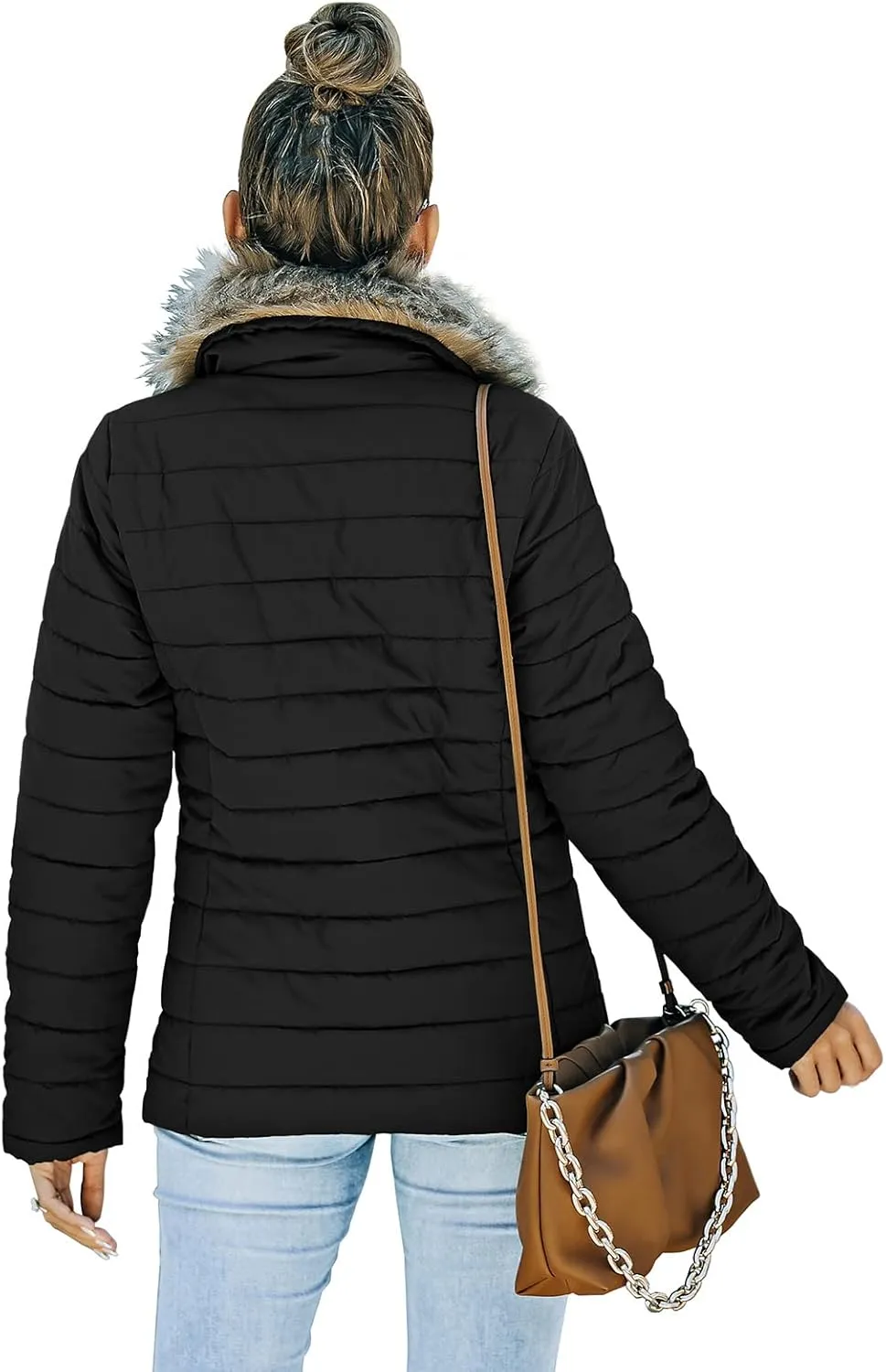 Vetinee Women Casual Faux Fur Lapel Zip Pockets Quilted Parka Jacket Puffer Coat