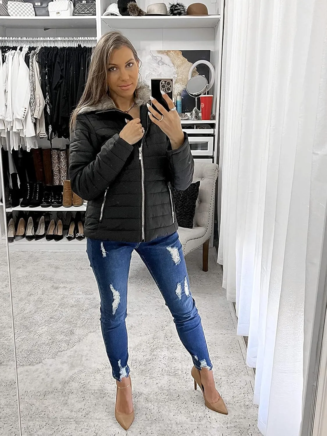 Vetinee Women Casual Faux Fur Lapel Zip Pockets Quilted Parka Jacket Puffer Coat