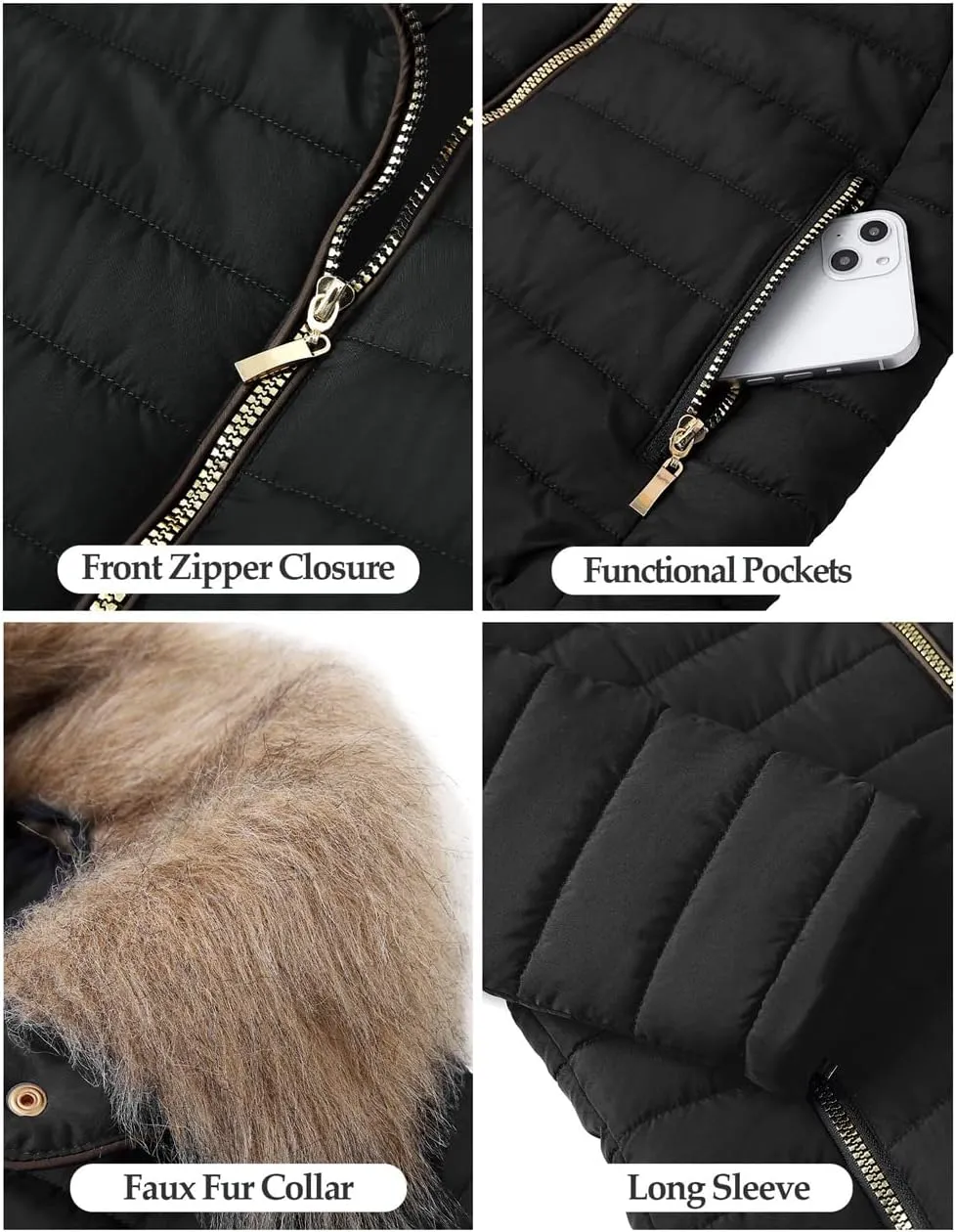 Vetinee Women Casual Faux Fur Lapel Zip Pockets Quilted Parka Jacket Puffer Coat