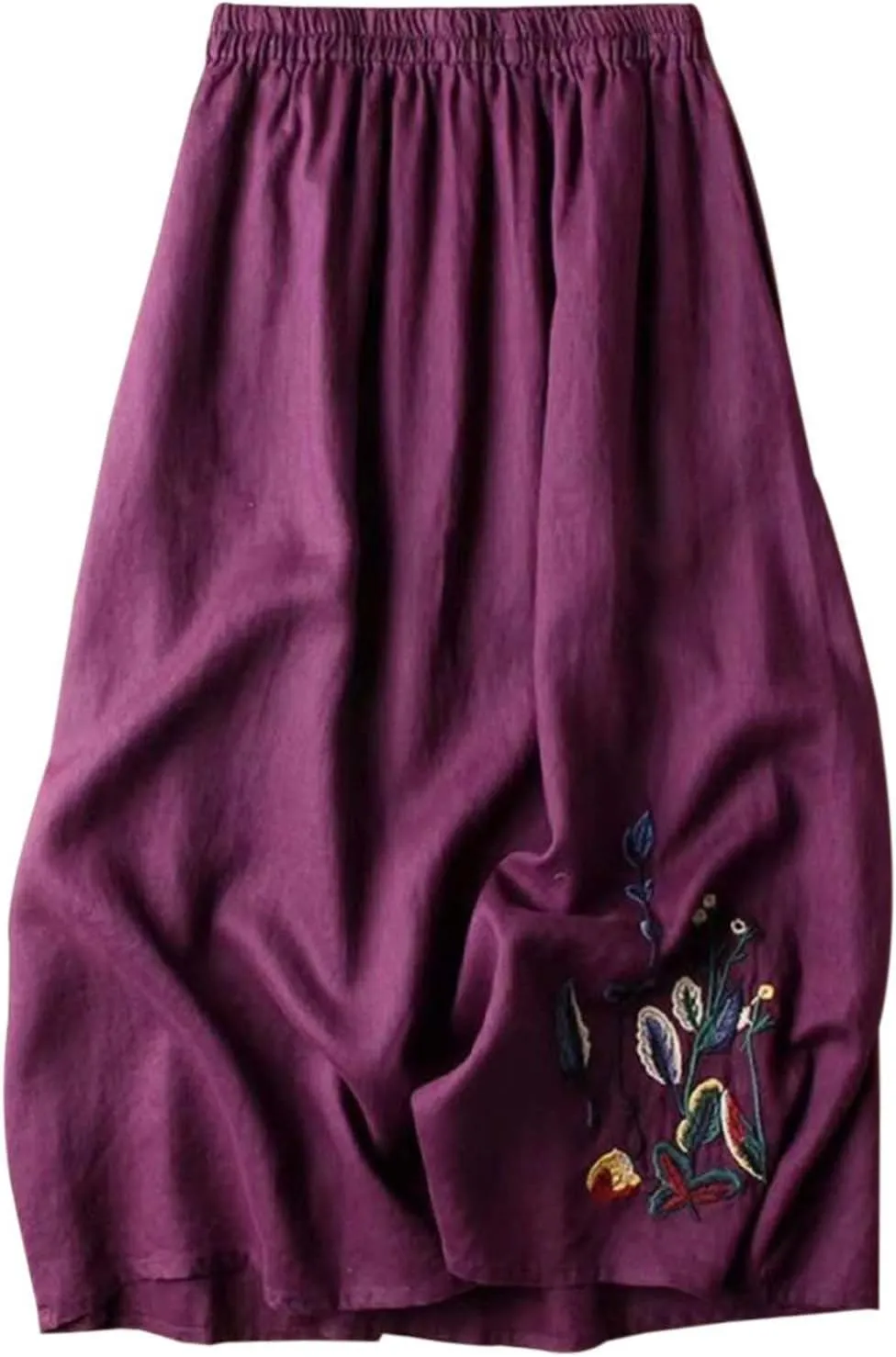 Vintage Floral Embroidered Cotton Linen Skirt for Women A Line Midi Skirt Slimming Versatile Flared Skirt See