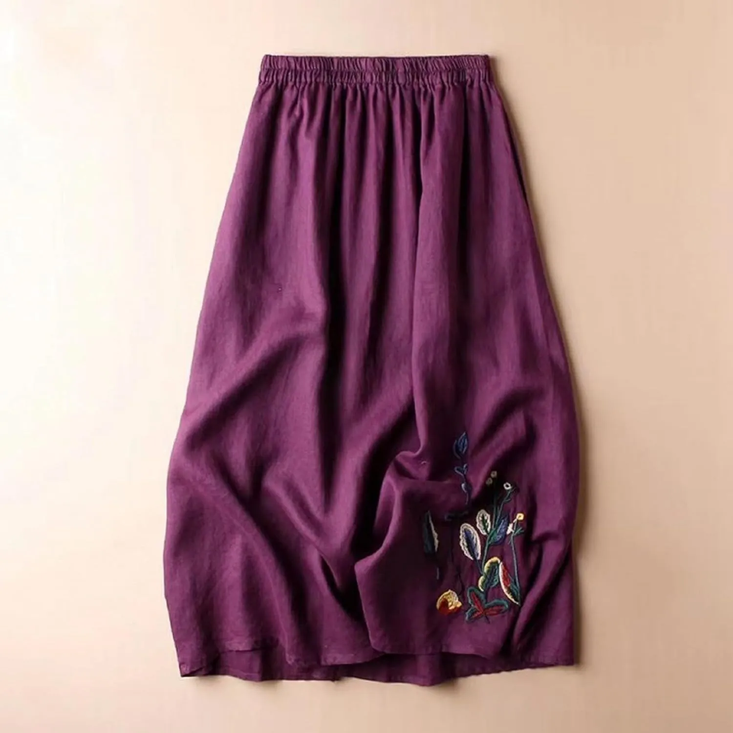 Vintage Floral Embroidered Cotton Linen Skirt for Women A Line Midi Skirt Slimming Versatile Flared Skirt See