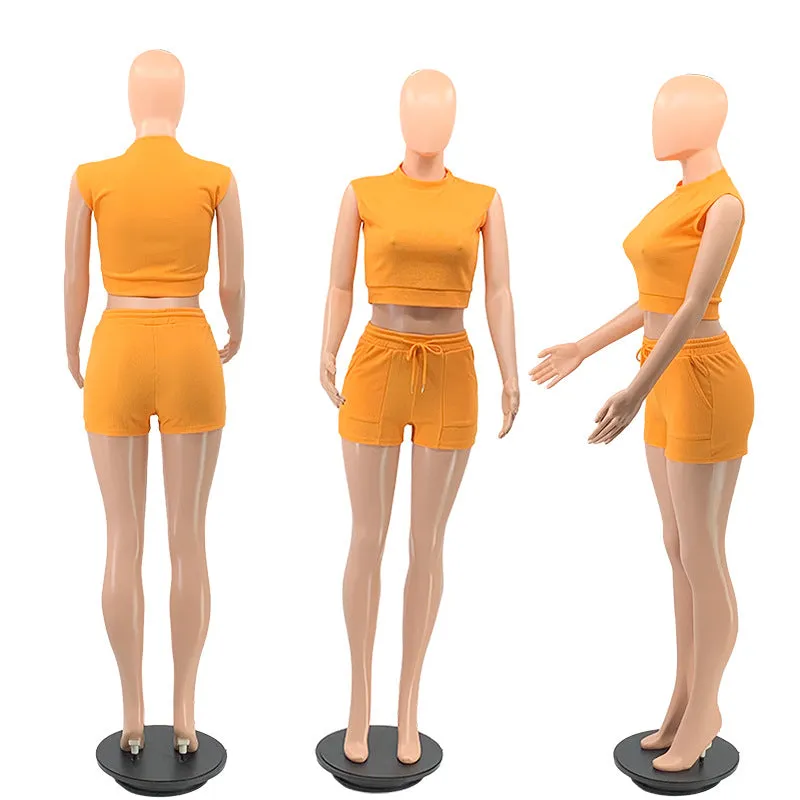Waffle Short Sleeves Crewneck Top and Drawstring Pocket Shorts