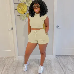 Waffle Short Sleeves Crewneck Top and Drawstring Pocket Shorts