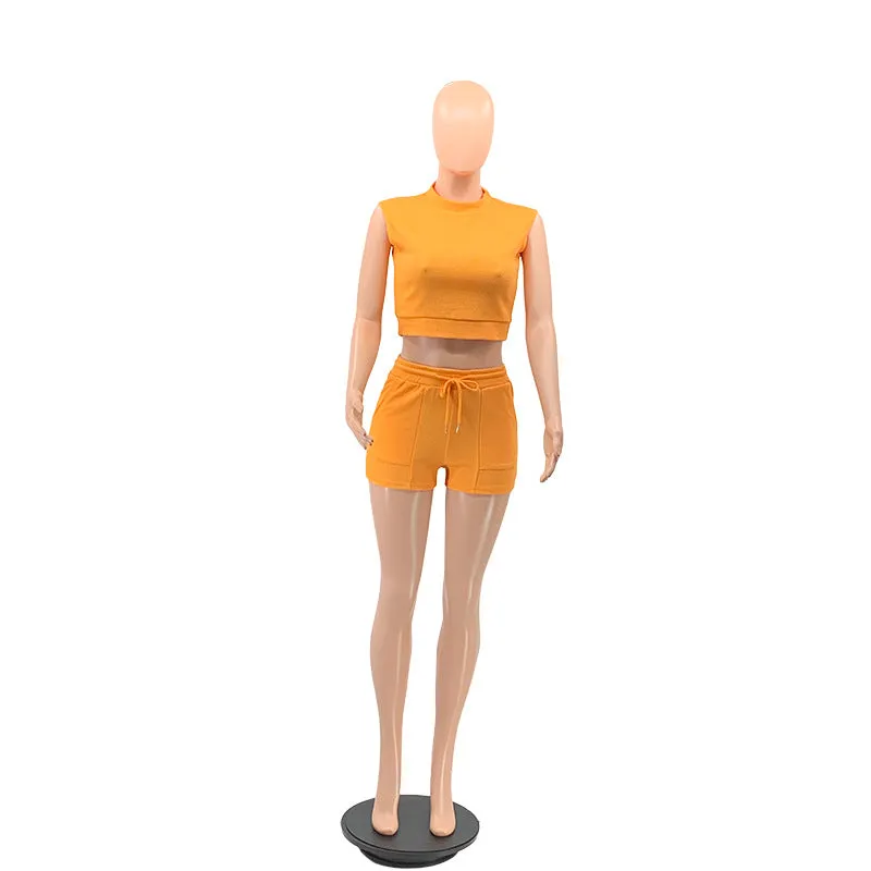 Waffle Short Sleeves Crewneck Top and Drawstring Pocket Shorts