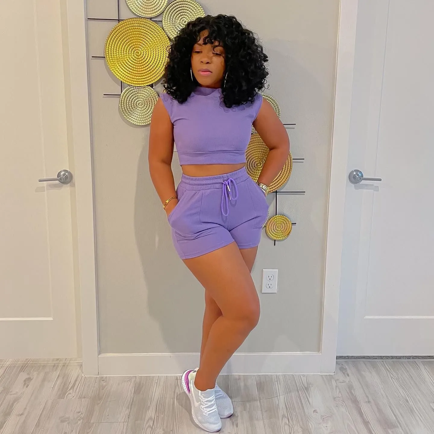 Waffle Short Sleeves Crewneck Top and Drawstring Pocket Shorts