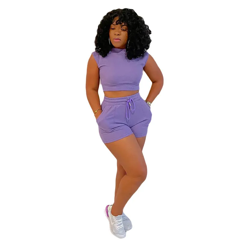 Waffle Short Sleeves Crewneck Top and Drawstring Pocket Shorts