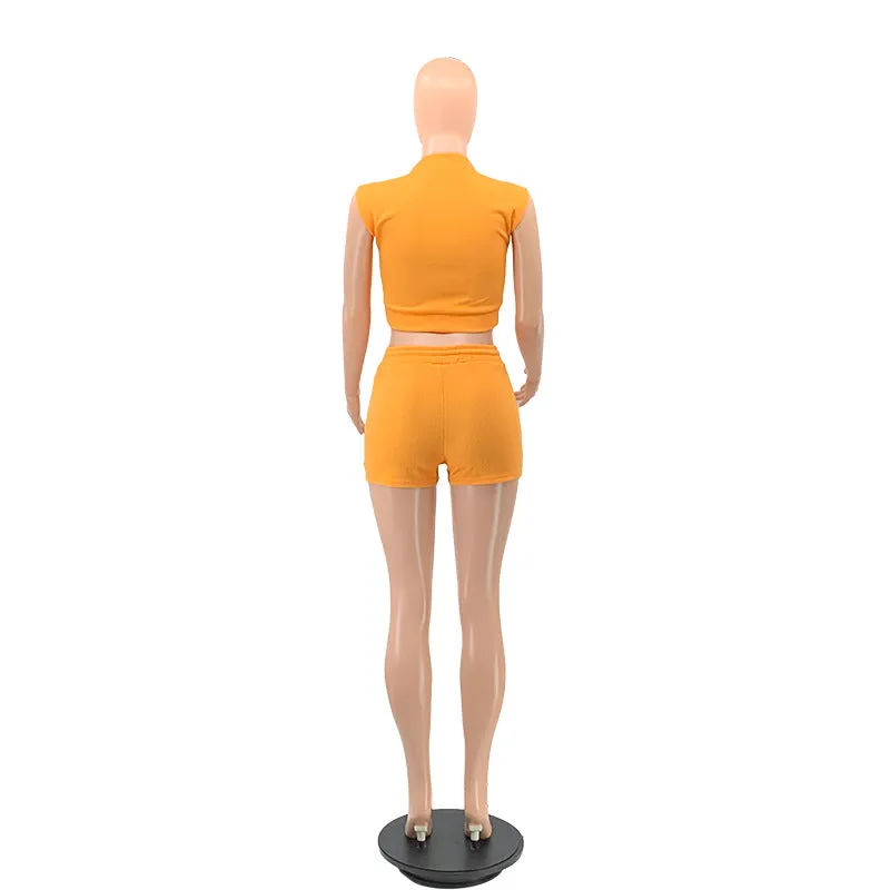 Waffle Short Sleeves Crewneck Top and Drawstring Pocket Shorts