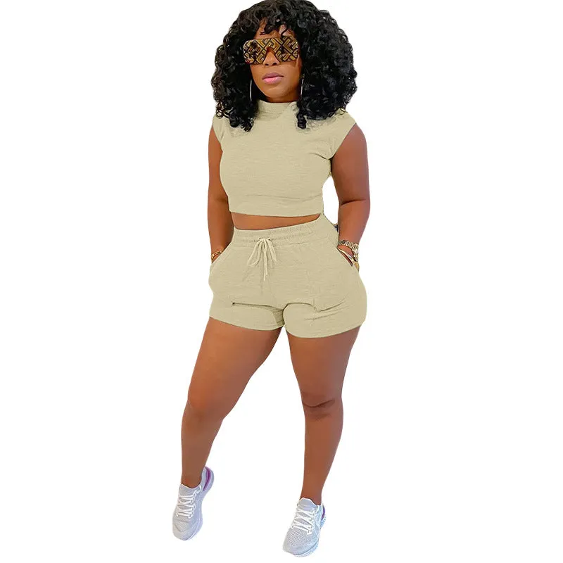 Waffle Short Sleeves Crewneck Top and Drawstring Pocket Shorts