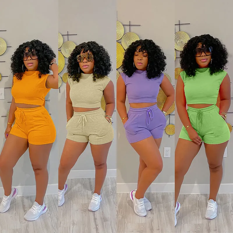 Waffle Short Sleeves Crewneck Top and Drawstring Pocket Shorts